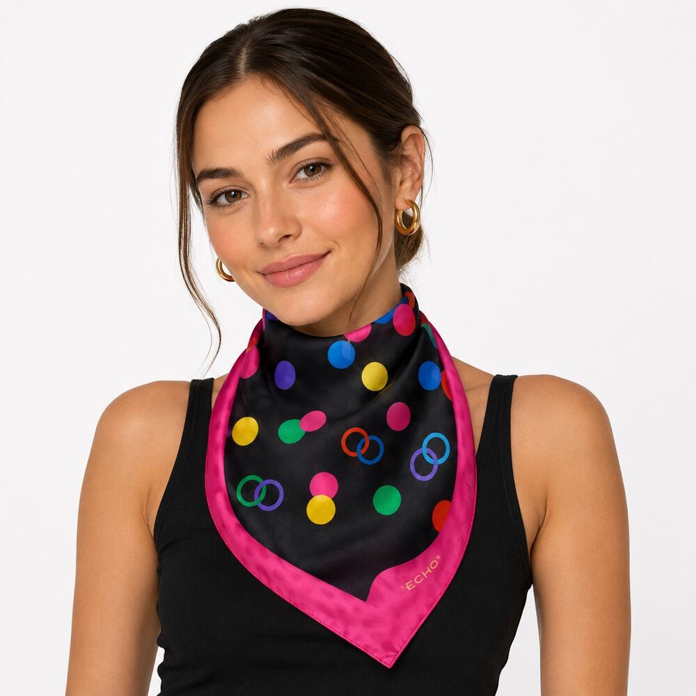 Echo Silk Scarf Polka Dot Colorful Circle Print Pink Black Square Scarf